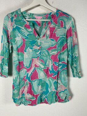 Lilly Pulitzer Womens Pink Teal Floral Print Henley Top Shirt 3/4 Sleeve Small